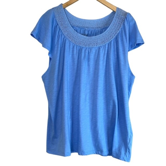 My Style Flutter Short Sleeve Crochet Neck Top Blue Ladder Lace 1X - Picture 10 of 10